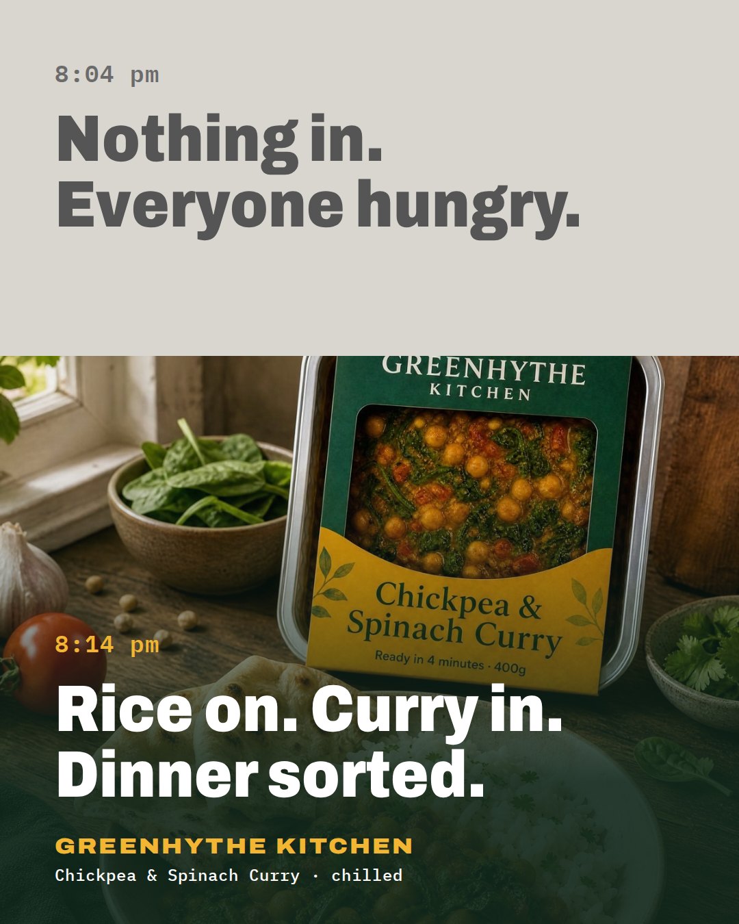 Problem vs solution ad for Greenhythe Kitchen, a Ziild demo brand