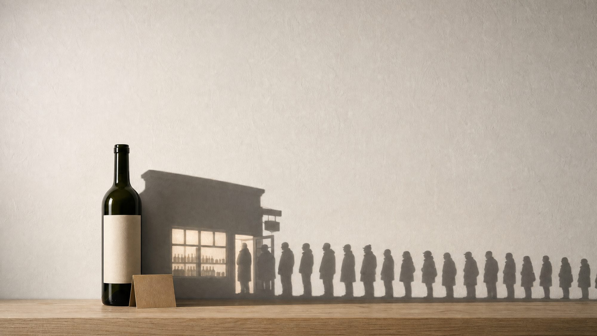 A plain wine bottle on a shelf. Its shadow on the wall is a lit little wine shop with a queue out of the door.