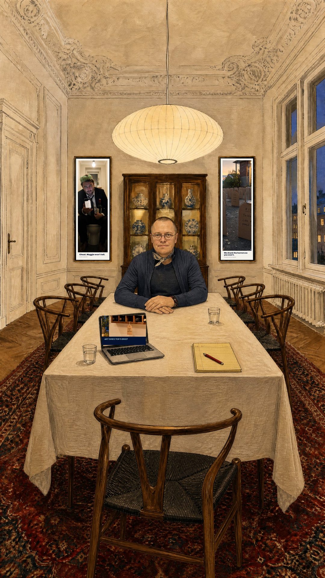 Pasi's table at Ziild: two framed ads on the wall, a laptop playing an art director's brief, a yellow legal pad, and an empty chair.